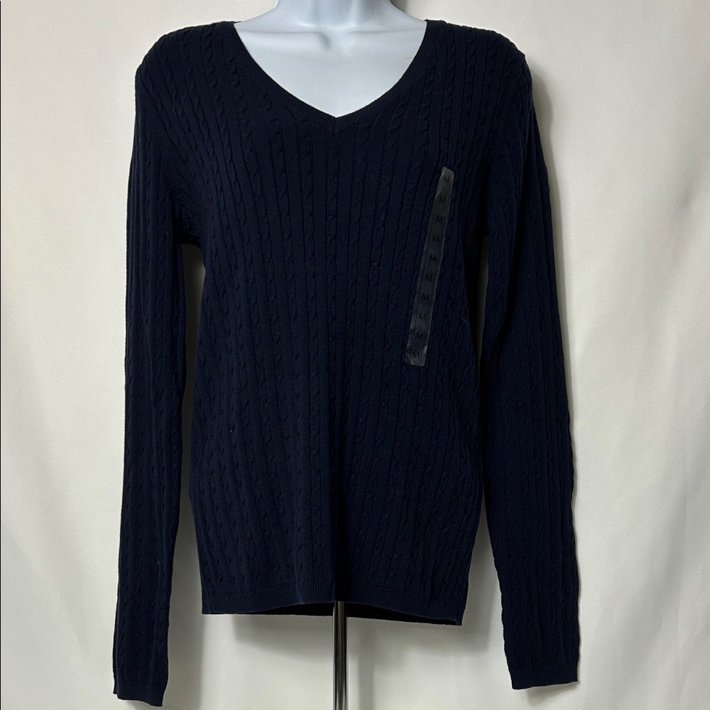 Jones New York Navy Blue Cable Knit V Neck Women’s Size Medium Sweater Shirt